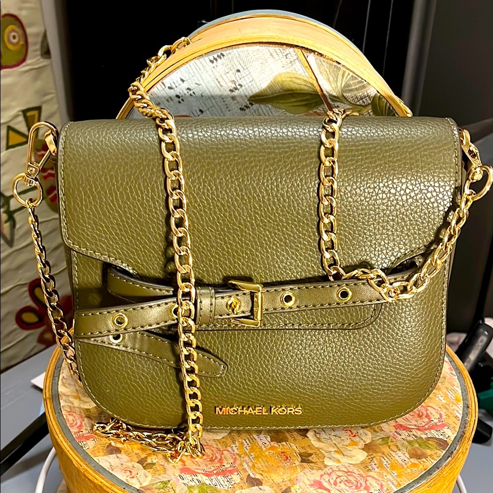 Michael Kors Olive Green Leather Chain Crossbody Bag